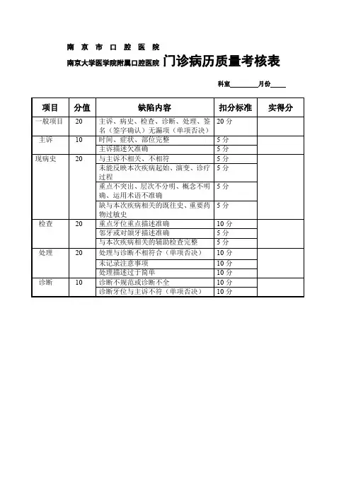 门诊病历质量考核表