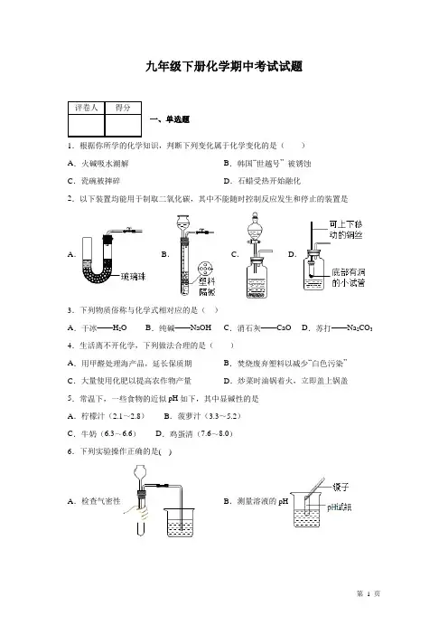 九年级下册化学期中考试试卷带答案