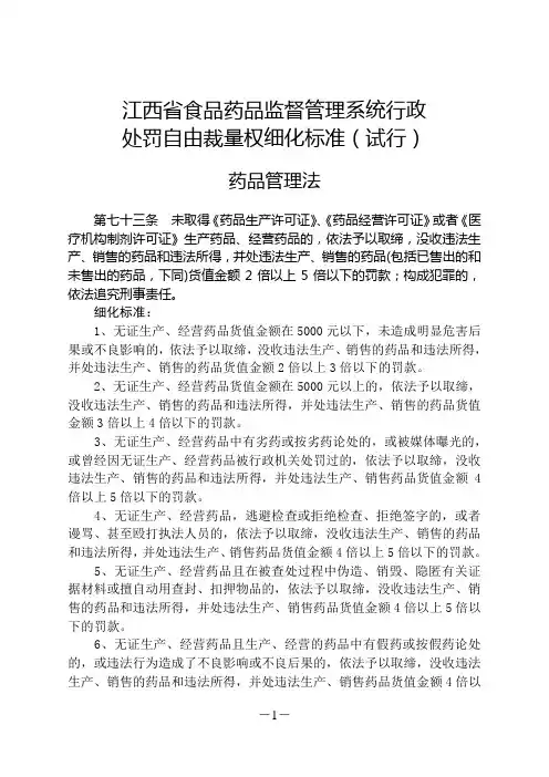 江西省食品药品监督管理系统行政处罚自由裁量权细化标准(试行)