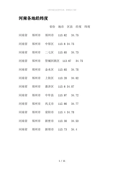 河南各地经纬度