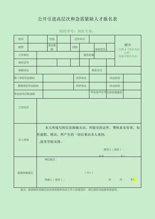 公开引进高层次和急需紧缺人才报名表