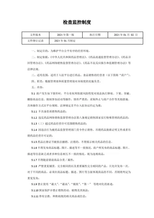 药品网络交易服务第三方平台质量管理文件--检查监控制度