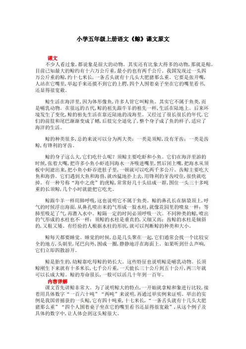 小学五年级上册语文《鲸》课文原文