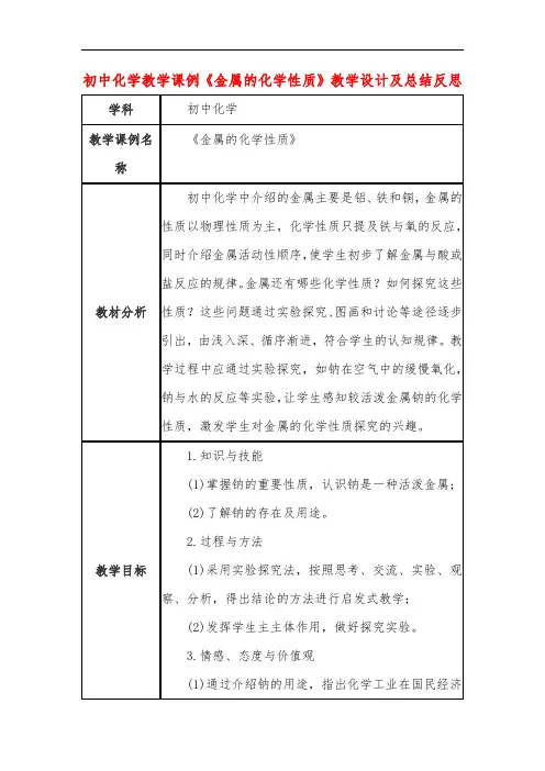 初中化学教学课例《金属的化学性质》教学设计及总结反思