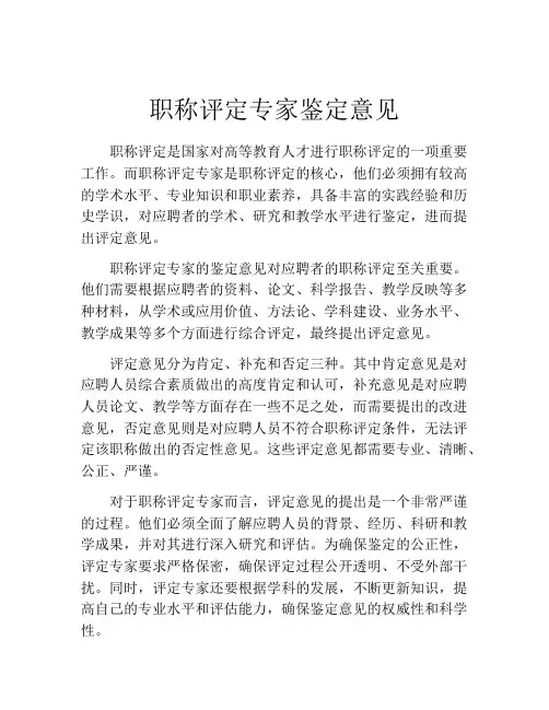 职称评定专家鉴定意见