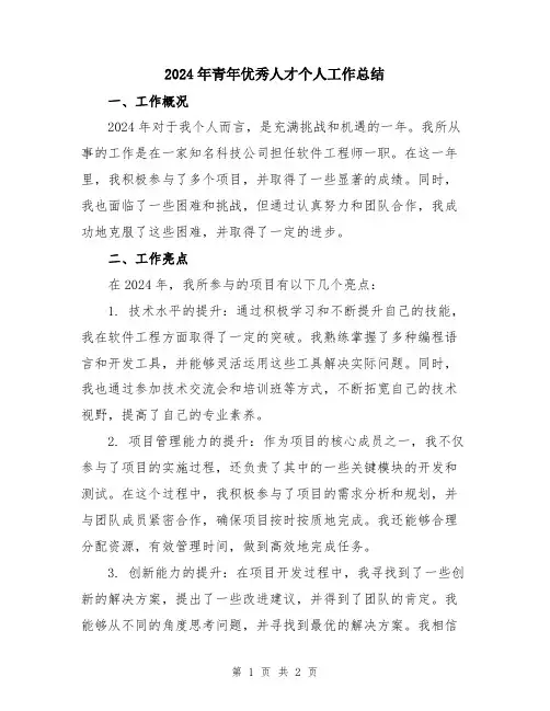 2024年青年优秀人才个人工作总结