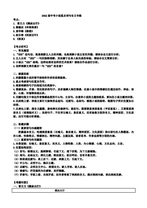 2022年中考语文二轮复习：小说重点词句含义专练