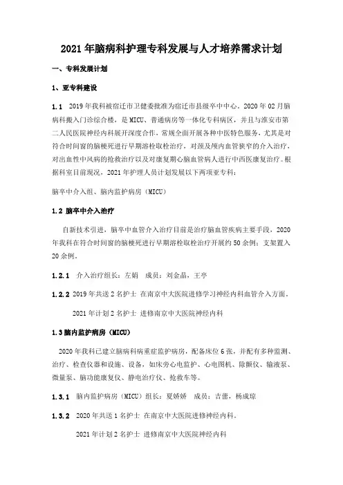 2021年脑病科人才需求及专科发展规划