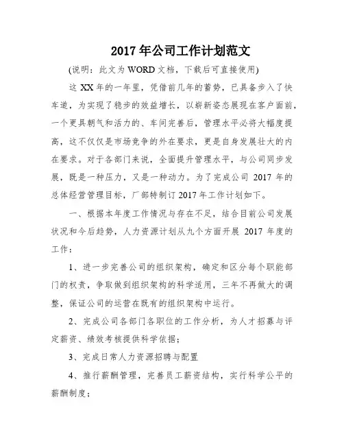 2017年公司工作计划范文