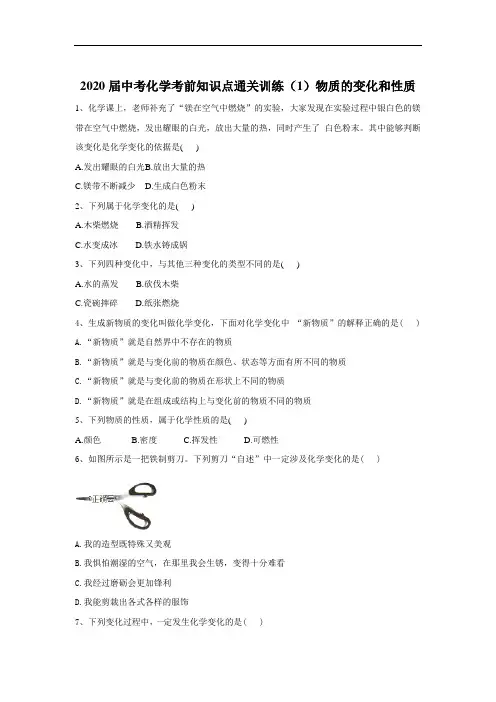 2020届中考化学考前知识点通关训练(1)物质的变化和性质