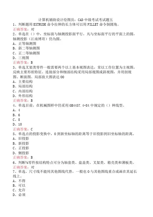 计算机辅助设计绘图员：CAD中级考试考试题五