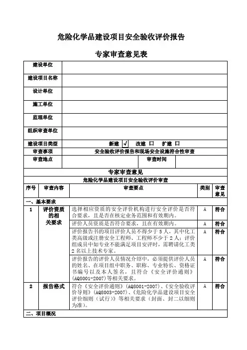 安全验收评价报告审查专家意见表 
