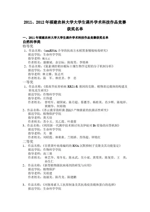2011、2012年福建农林大学大学生课外学术科技作品竞赛