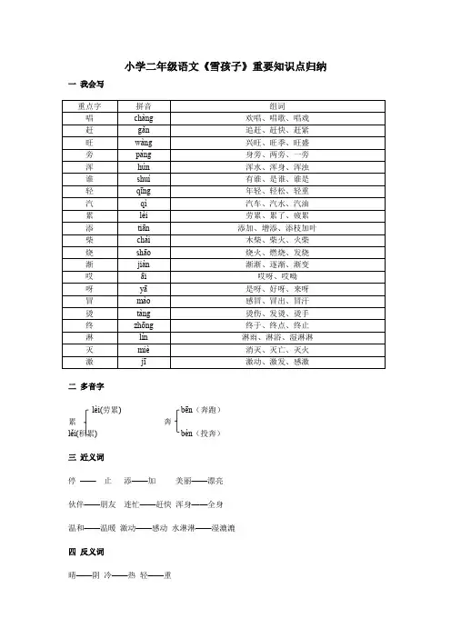 小学二年级语文《雪孩子》重要知识点归纳