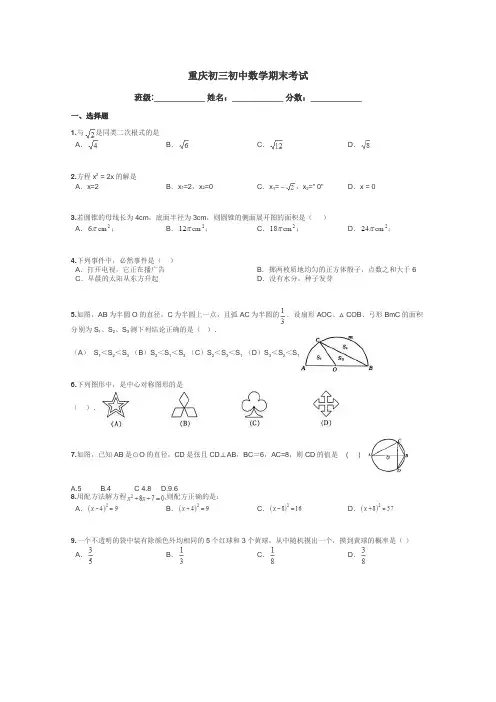 重庆初三初中数学期末考试带答案解析
