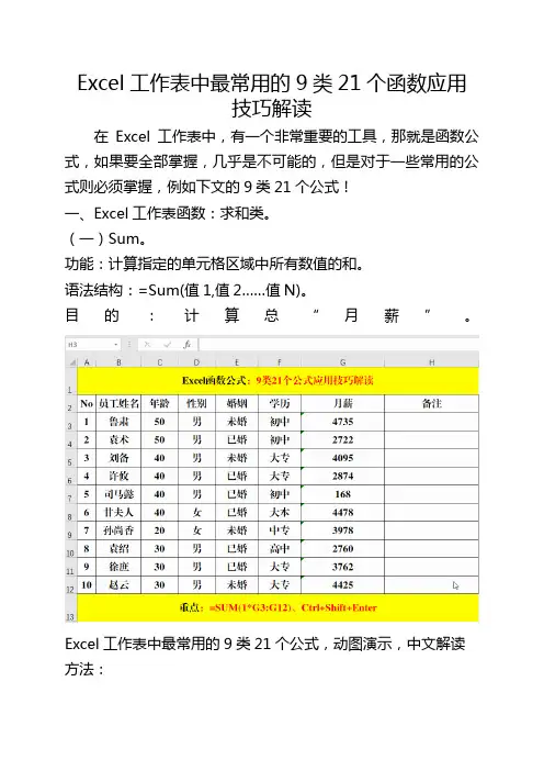 Excel工作表中的9类21个函数公式应用技巧解读