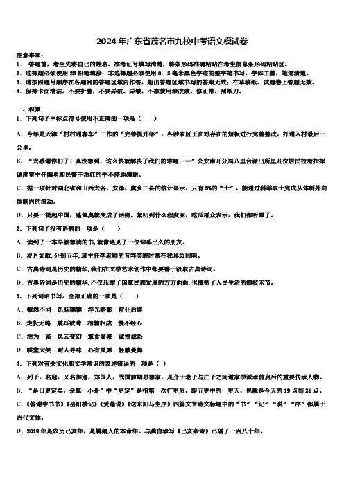 2024年广东省茂名市九校中考语文模试卷含解析