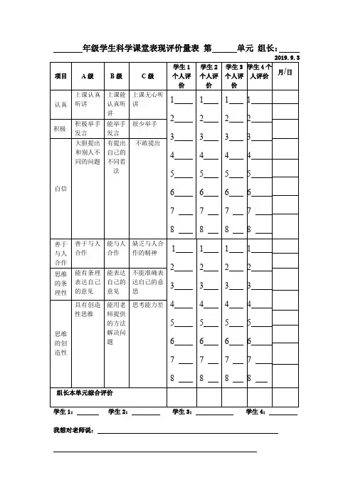 课堂评价量表(各科通用)
