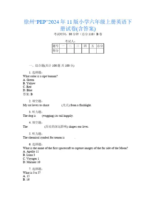 徐州“PEP”2024年11版小学六年级上册第十三次英语下册试卷(含答案)