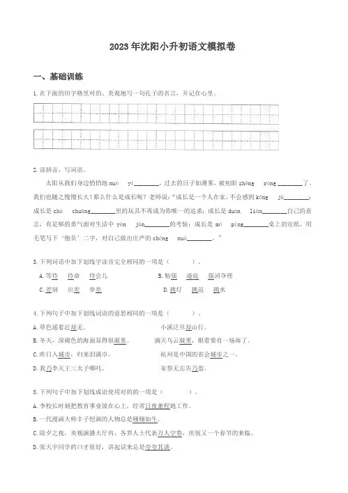 2023年六年级下册语文试题辽宁省沈阳市沈阳小升初语文模拟卷语文S版文档版含答案