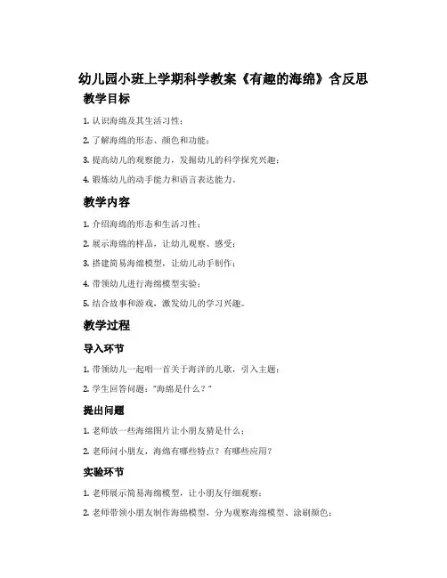 幼儿园小班上学期科学教案《有趣的海绵》含反思