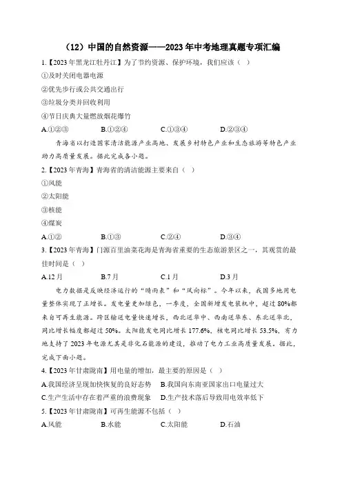 (12)中国的自然资源——2023年中考地理真题专项汇编