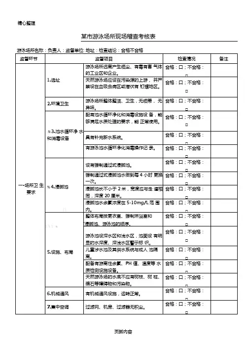 游泳场所卫生监督现场检查表格模板