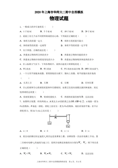 2020年上海市华师大二附中自招模拟物理试题及参考答案