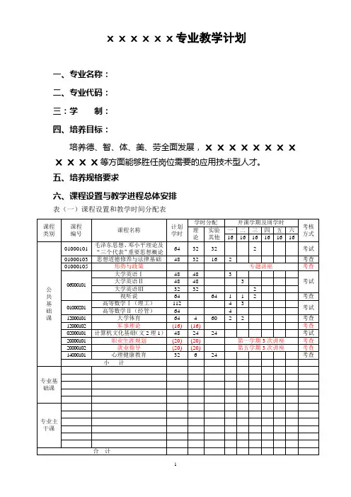专科教学计划样表