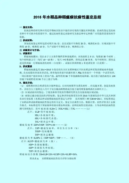 水稻品种稻瘟病抗病性鉴定总结【2016年】