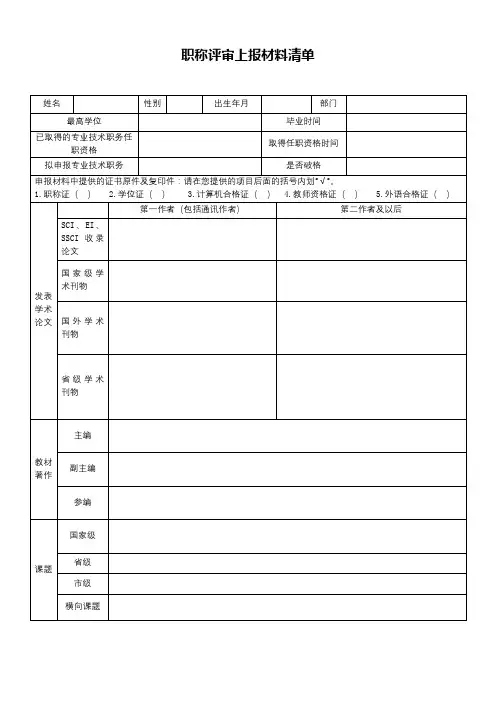 职称评审上报材料清单【模板】