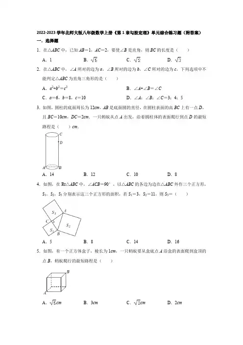 2022-2023学年北师大版八年级数学上册《第1章勾股定理》单元综合练习题(附答案)