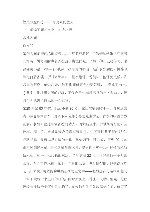 2023届高考语文复习：散文专题训练------肖复兴的散文(含答案)