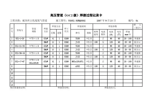 高压管道(GC2级)焊接过程记录卡