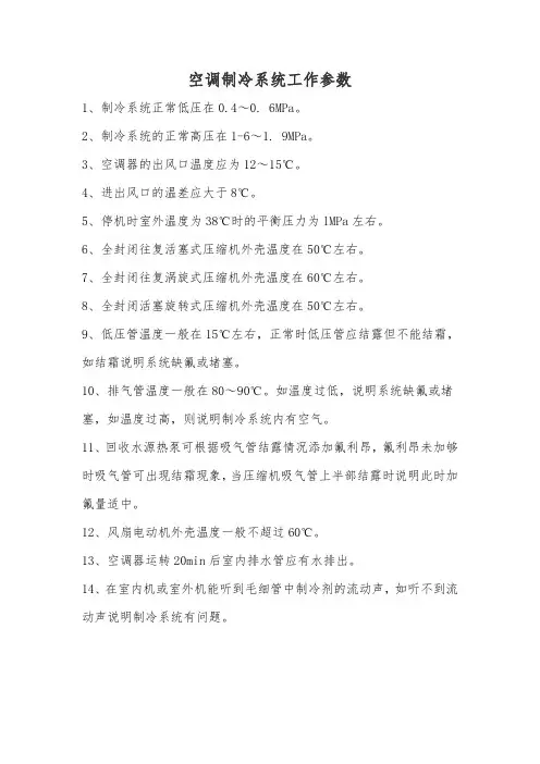 空调制冷系统工作参数