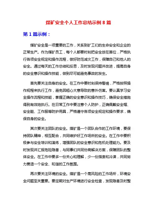 煤矿安全个人工作总结示例8篇