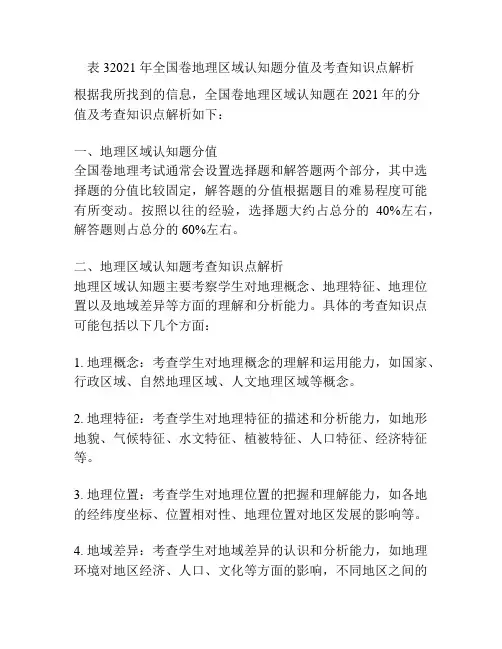 表 32021 年全国卷地理区域认知题分值及考查知识点解析