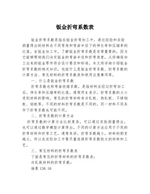 钣金折弯系数表