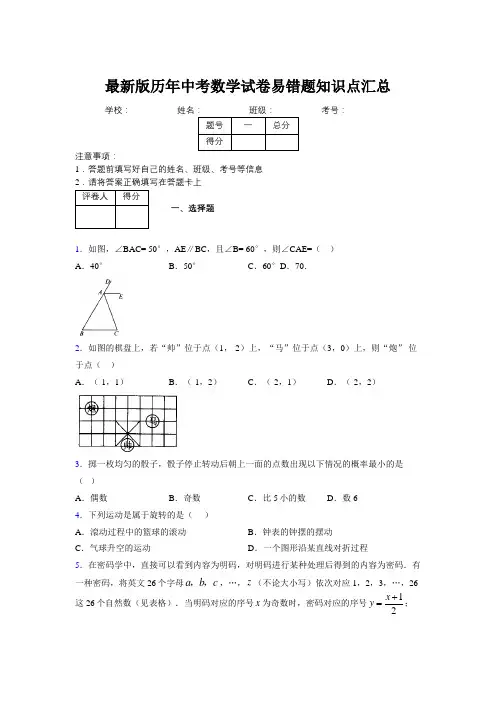 2019最新版历年中考数学试卷易错题知识点汇总952237