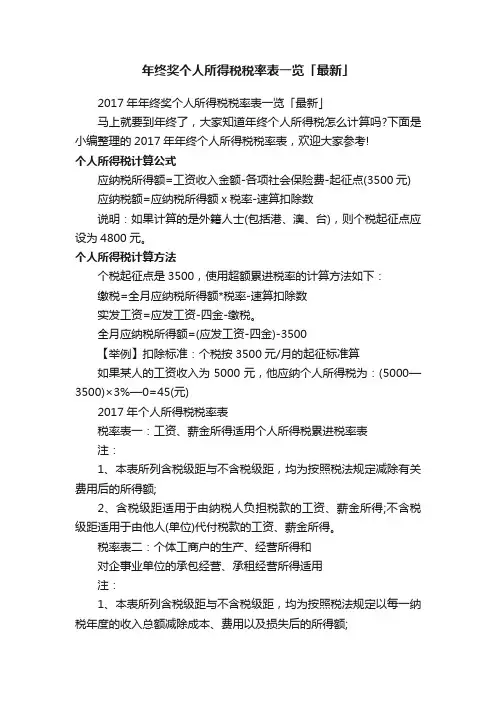 2017年年终奖个人所得税税率表一览「最新」