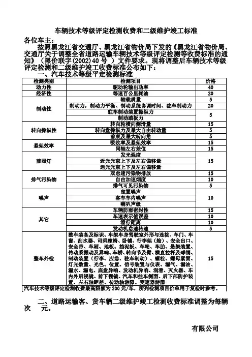车辆技术等级评定和二级维护竣工检测收费标准