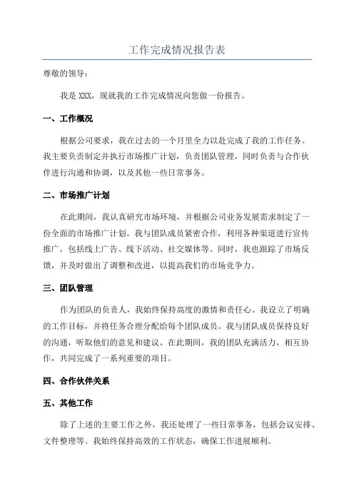 工作完成情况报告表