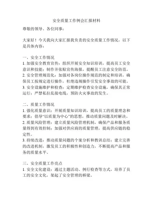 安全质量工作例会汇报材料