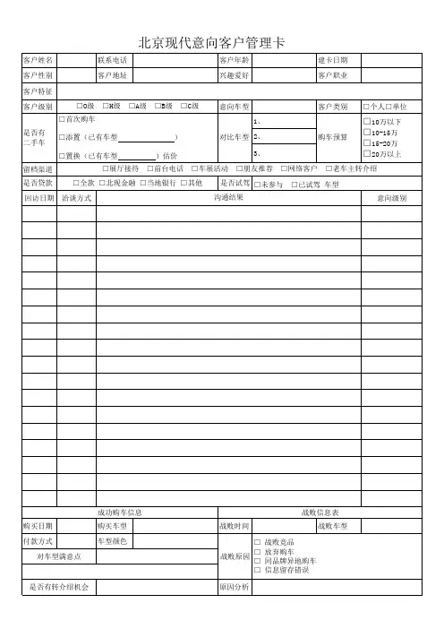 汽车行业 客户留档卡模板