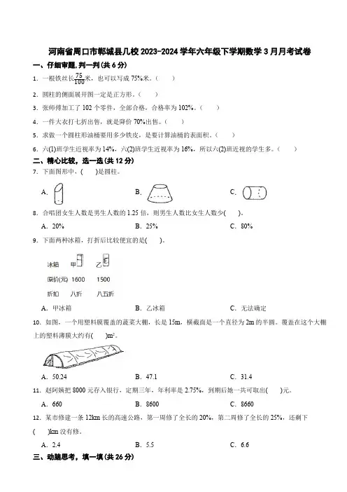 河南省周口市郸城县几校2023-2024学年六年级下学期数学3月月考试卷