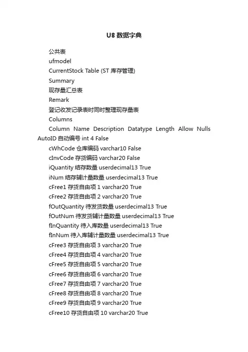 U8数据字典
