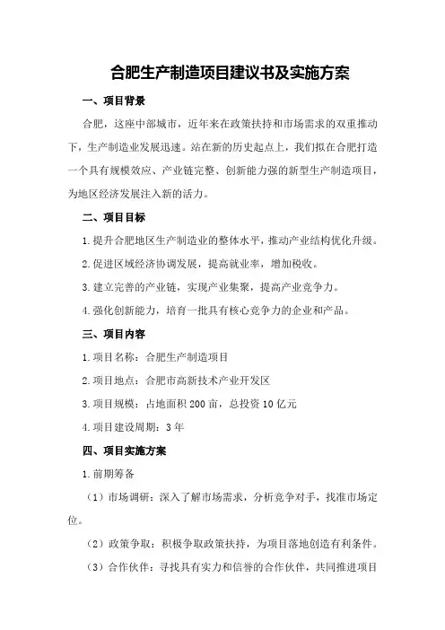合肥生产制造项目建议书及实施方案