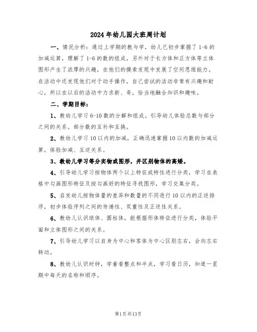 2024年幼儿园大班周计划（五篇）