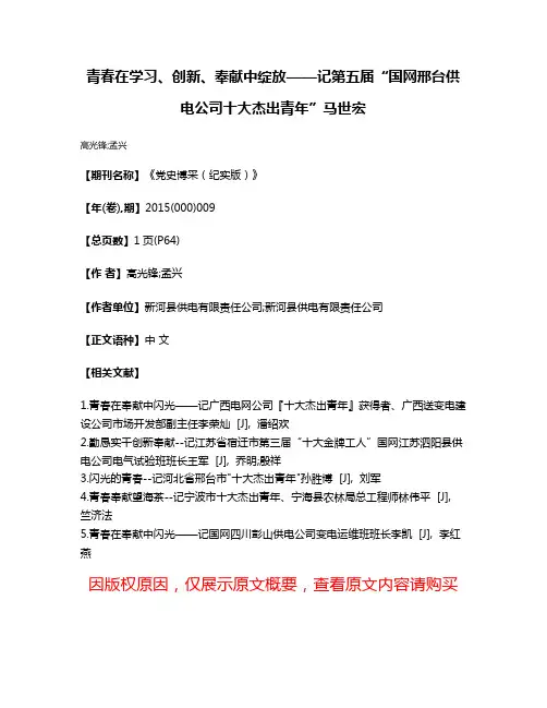 青春在学习、创新、奉献中绽放——记第五届“国网邢台供电公司十大杰出青年”马世宏