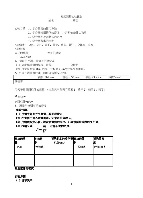 密度测量实验报告